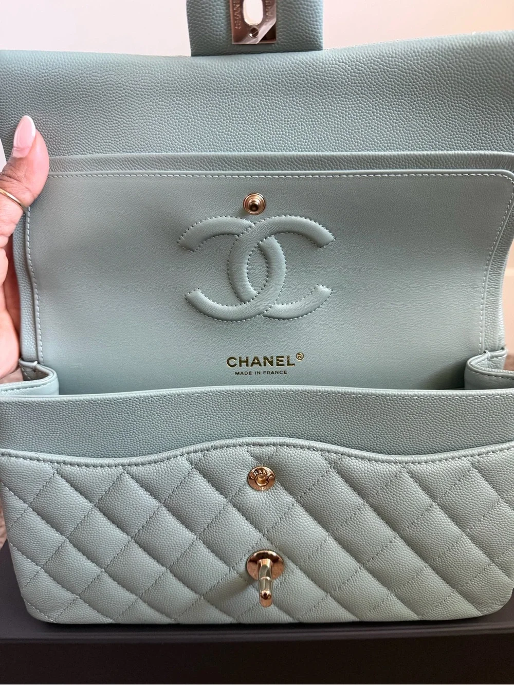 22C CHANEL Medium Classic Flap Light Green with Gold Hardware